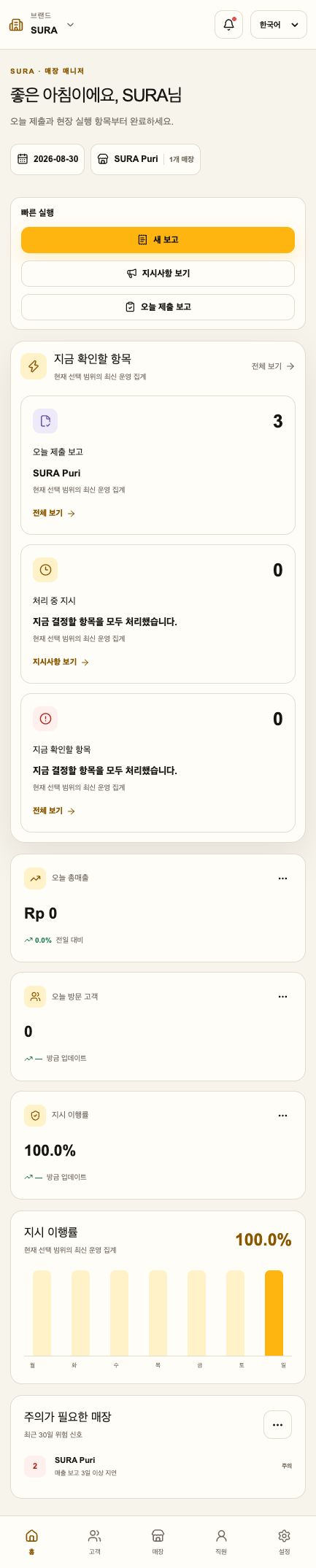 홈 · 운영 대시보드 실제 화면